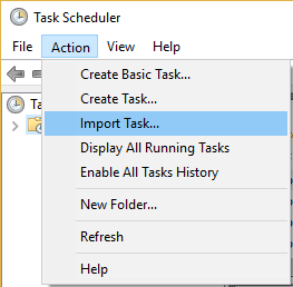 จากเมนู Task Scheduler คลิกที่ Action จากนั้นเลือก Import Task