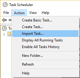 टास्क शेड्यूलर मेनू से एक्शन पर क्लिक करें और फिर इम्पोर्ट टास्क चुनें