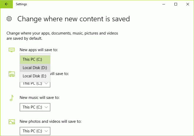 Sadaļā Jaunās lietotnes tiks saglabātas, lai nolaižamajā izvēlnē atlasiet citu disku, un tas arī viss