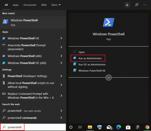otevřete Windows PowerShell jako správce z vyhledávacího panelu systému Windows