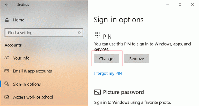 Skiltyje „PIN prisijungimo parinktys“ spustelėkite Keisti. PAtaisyti „Microsoft“ paskyra nebuvo pakeista į vietinę paskyrą 0x80070003