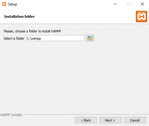 Angi mappeplasseringen for å installere XAMPP-programvaren ved å klikke på det lille ikonet ved siden av adressefeltet