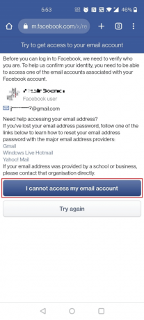 Klicka på alternativet Jag kan inte komma åt mitt e-postkonto | Hur man tar bort någon annans Facebook-konto | anmäl någon på Facebook