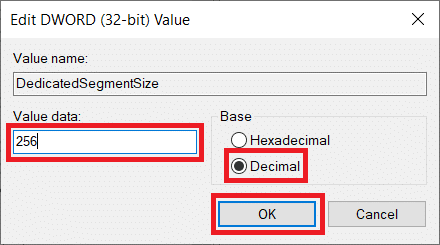 Verander de Base naar Decimaal en klik op OK | Toegewijde VRAM verhogen in Windows 10