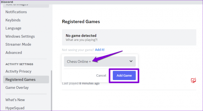 เพิ่มเกมด้วยตนเองใน Discord