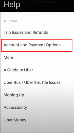  이제 도움말 옵션 메뉴에서 계정 및 지불 옵션을 누릅니다. 
