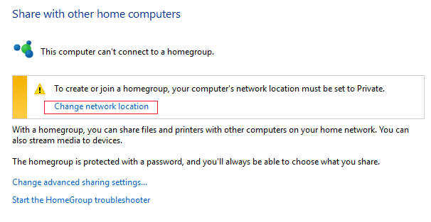 faceți clic pe Schimbați locația rețelei | WiFi continuă să se deconecteze în Windows 10