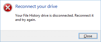 ファイル履歴ドライブが切断されています。 再接続して再試行してください