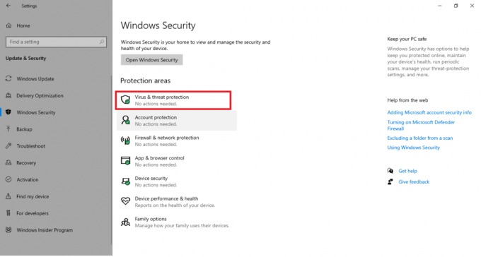 ウイルスと脅威からの保護オプションをクリックします。 Windowsキーの無効化を修正