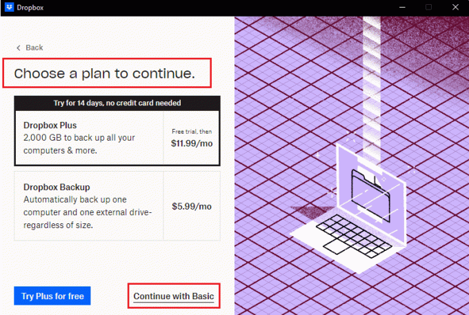 vælg en plan for at fortsætte eller fortsætte med grundlæggende. Sådan løses Dropbox com-fejl 413 i Windows 10