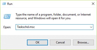nyomja meg a Windows Key + R billentyűt, majd írja be a Taskschd.msc parancsot, és nyomja meg az Enter billentyűt a Feladatütemező megnyitásához