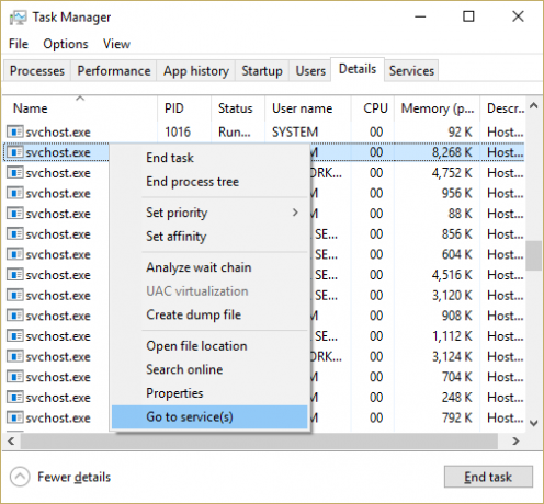 Κάντε δεξί κλικ στο svchost.exe που προκαλεί υψηλή χρήση της CPU και επιλέξτε Μετάβαση σε υπηρεσία(εις)
