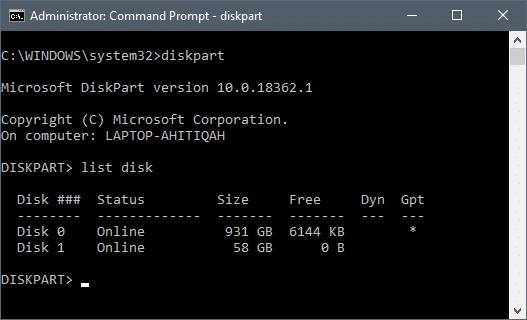 Indtast kommandoen " list disk" og tryk enter | Formater en ekstern harddisk til FAT32