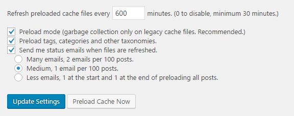 Uppdatera Preload cache-inställningar