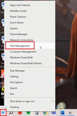 Norėdami atidaryti disko valdymo įrankį, dešiniuoju pelės mygtuku spustelėkite meniu Pradėti ir spustelėkite Disko valdymas