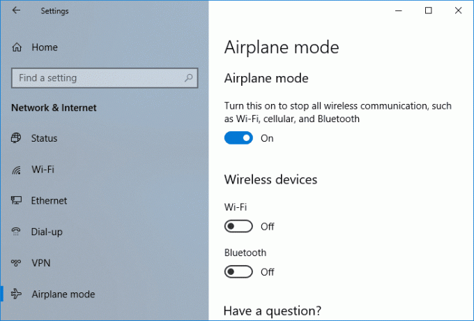 Onemogočite letalski način v nastavitvah sistema Windows 10
