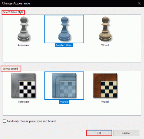 حدد نمط القطعة وحدد اللوحة في قائمة تغيير المظهر. كيف تلعب Chess Titans على نظام التشغيل Windows 10