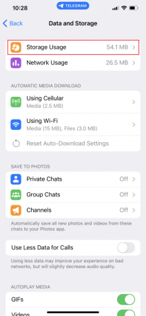 Сега докоснете Използване на хранилището | как да изчистите кеша на телеграмата на iPhone