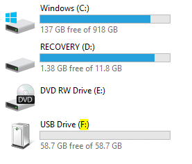 Drevbogstav for det tilsluttede " USB-drev" er " F", og drevet " Recovery" er " D"