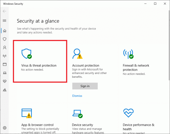 Klik på knappen Virus- og trusselbeskyttelse i venstre side af Windows-sikkerhed.