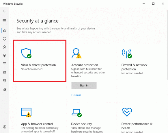 En el lado izquierdo de Seguridad de Windows, haga clic en el botón Protección contra virus y amenazas.