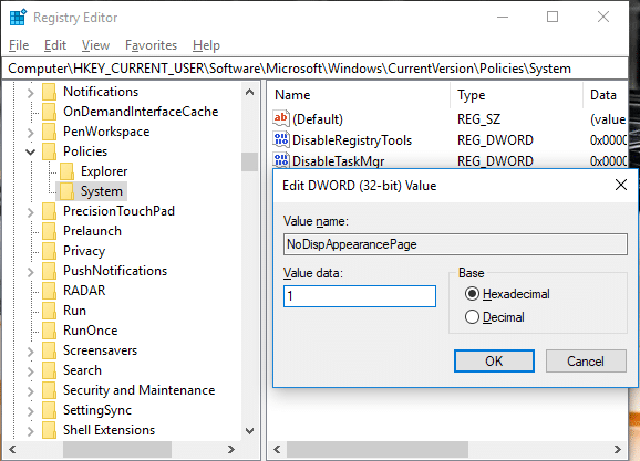 Promijenite vrijednost NoDispAppearancePage na 1 kako biste spriječili promjenu boje i izgleda u sustavu Windows 10