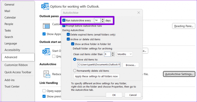 Outlook AutoArchive პარამეტრები