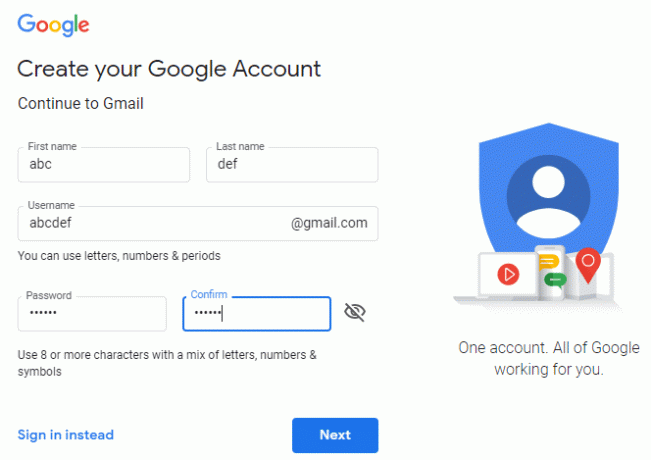 Insira seus dados para criar uma nova conta do Gmail