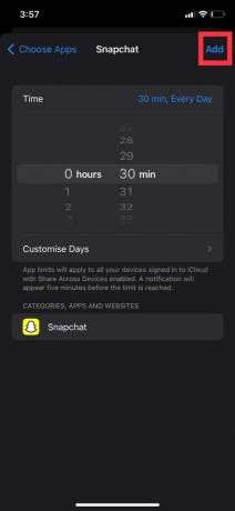 Snapchat 사용에 대해 원하는 시간 제한을 설정합니다. 최소 1분부터 시작하여 기간을 입력한 다음 추가를 탭하여 확인할 수 있습니다.