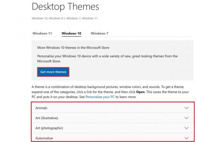 Fai clic sul menu a discesa di tua scelta per scaricare i temi del desktop per Windows 10.