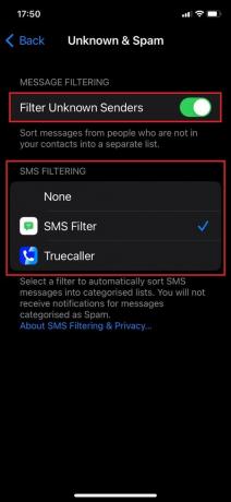 Ενεργοποιήστε το Filter Unknown Senders και επιλέξτε οποιαδήποτε εφαρμογή στο FILTERING SMS 