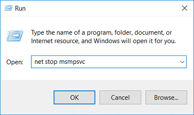 Введіть net stop msmpsvc у діалоговому вікні запуску