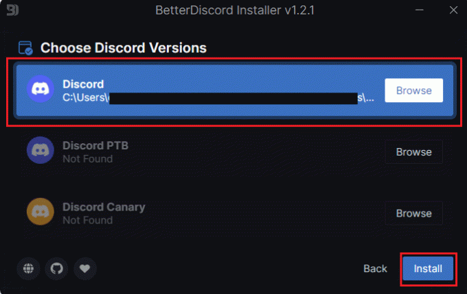 Välj Discord-appversionen installerad på din PC och klicka på Installera