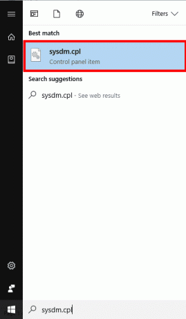მოძებნეთ sysdm.cpl ვარიანტი ძიების შედეგებში და დააჭირეთ Enter | ფაილური სისტემის შეცდომა 1073741819 Windows 10-ზე