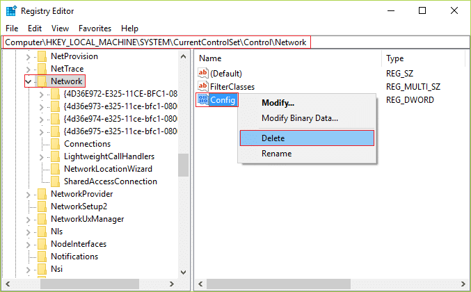 Seleccione Red en el panel de la ventana izquierda y luego, desde la ventana derecha, busque Config y elimine esta clave.