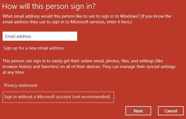 Na zaslonu Kako se bo ta oseba prijavila kliknite Prijava brez Microsoftovega računa