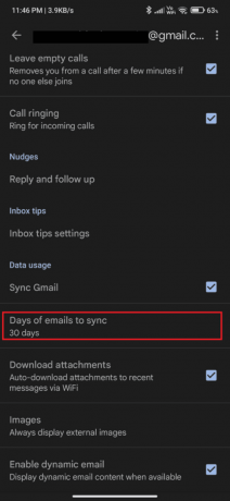 Scrollen Sie nun auf dem Bildschirm nach unten und tippen Sie auf die Option Days of email to sync.