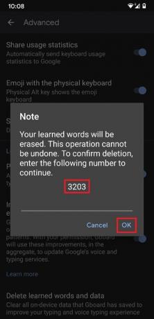 Wpisz podany numer i naciśnij OK | Jak usunąć nauczone słowa z klawiatury na Androidzie