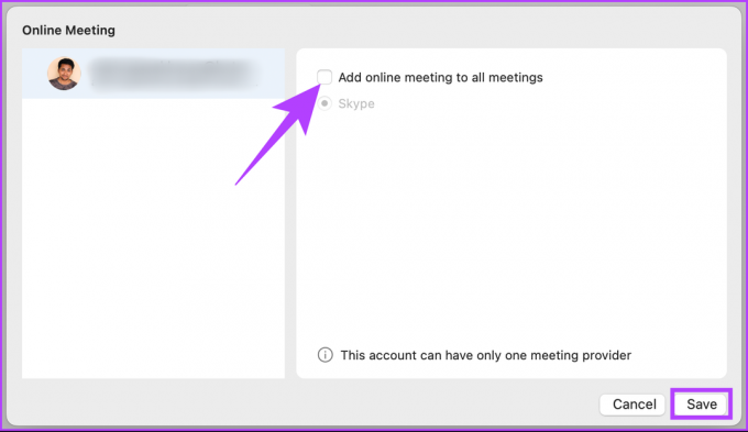 Deaktivieren Sie „Online-Meeting zu allen Meetings hinzufügen“ und klicken Sie auf „Speichern“.