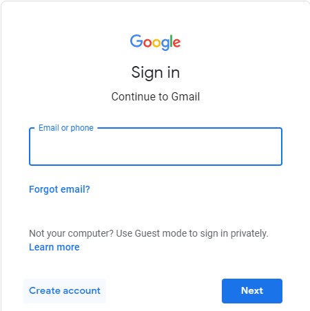 გახსენით Gmail.com, შემდეგ დააჭირეთ ღილაკს " ანგარიშის შექმნა" ბოლოში