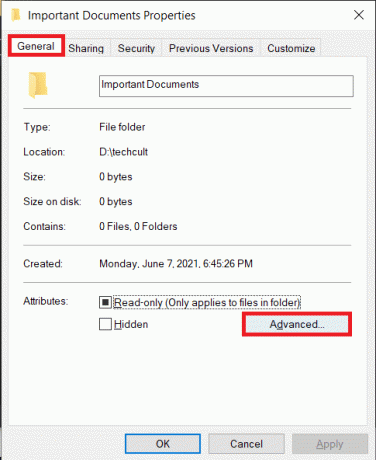 Öffnen Sie erneut das Dateieigenschaften-Fenster und klicken Sie auf der Registerkarte Allgemein auf Erweitert. So beheben Sie Zugriff verweigert Windows 10
