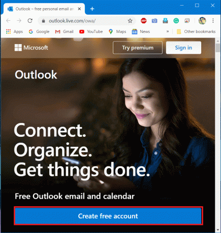 웹 브라우저를 열고 Outlook.live.com으로 이동하여 무료 계정 만들기를 선택합니다.