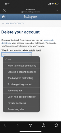 Välj en anledning | hur man tar bort Instagram-konto på iPhone