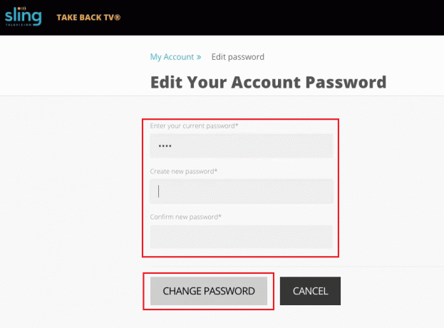 Sling TV - Geben Sie Ihr aktuelles Passwort ein - Erstellen und bestätigen Sie ein neues Passwort und klicken Sie auf PASSWORT ÄNDERN | Zugriff auf das Sling-Konto
