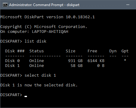 Введіть «select disk X» в кінці, замінивши «X» на номер диска, і натисніть Enter