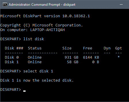 Pabaigoje įveskite „select disk X“, pakeisdami „X“ disko numeriu ir paspauskite Enter