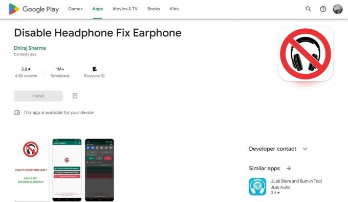 Nonaktifkan aplikasi Headphone Fix Earphone di Google Play Store