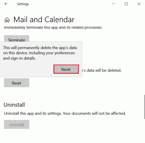 confirme para clicar em Redefinir nas configurações do aplicativo Mail and Calendar