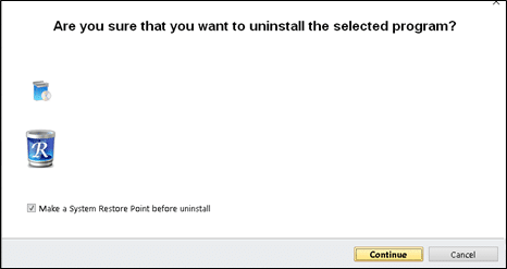 Zaznacz pole obok Utwórz punkt przywracania systemu przed dezinstalacją i kliknij Kontynuuj w oknie monitu.