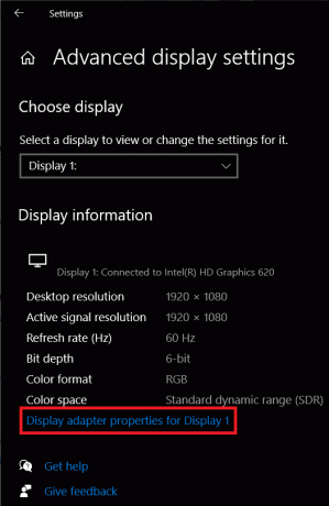 डिस्प्ले 1 के लिए डिस्प्ले एडेप्टर प्रॉपर्टीज पर क्लिक करें